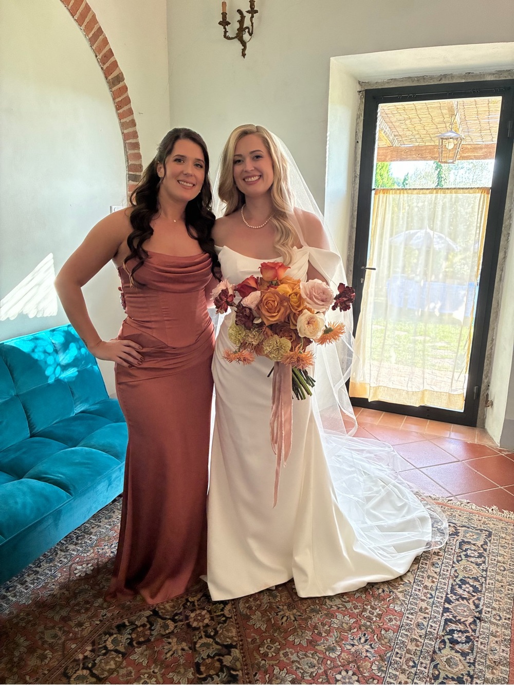 Birdy Grey Satin Cowl Neck Bridesmaid Dress in Copper Rose